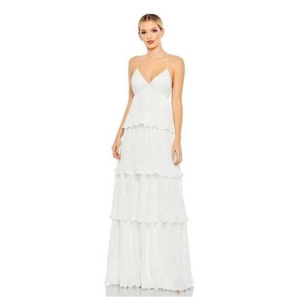 Ieena Mac Duggal 49083 White Ruffle V-Neck Spaghetti Strap Maxi Gown Size 10 - Picture 1 of 8
